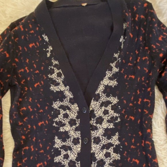 Tory Burch Navy Blue multi-floral cardigan thin wool Size Small - Picture 3 of 7